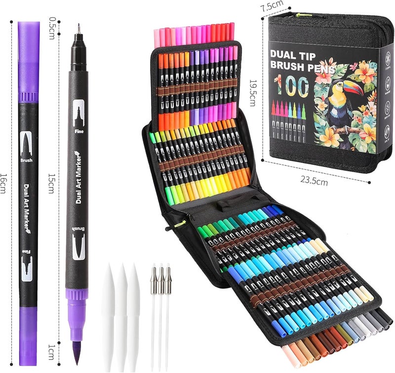 TOSHARE Dual Tip Markers, Brush Art Markers Set with Fine Tip and Brush Tip for Adult Coloring Book, Hand Lettering, Calligraphy & Drawing, Professional Art Supplies Kit for Adults (100 Colors) - Image 4